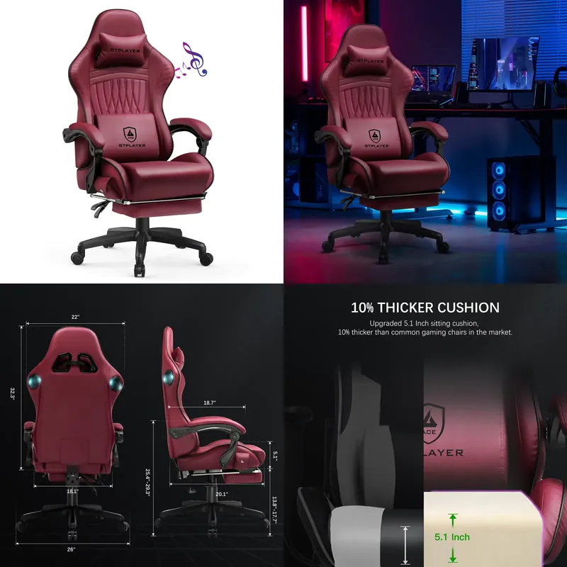 Speakers - GTPLAYER製ゲーミングチェア。スピーカー内蔵、人間工学に基づいたデザインの合成皮革製リクライニングチェア。フットレスト付き、角度調整可能な回転式PCチェア。